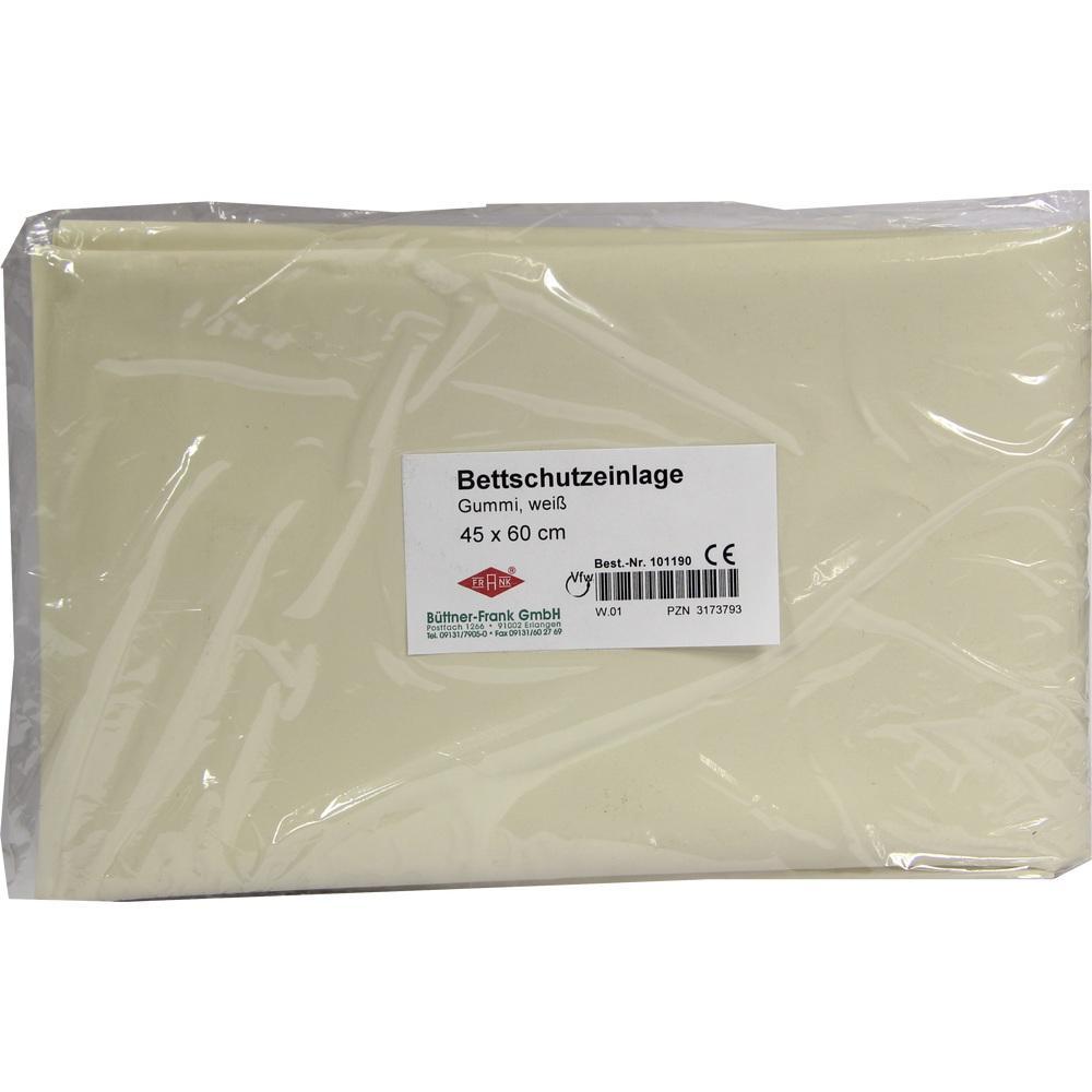 Eine weiße Bettschutzauflage aus Gummi in einer Plastikhülle.