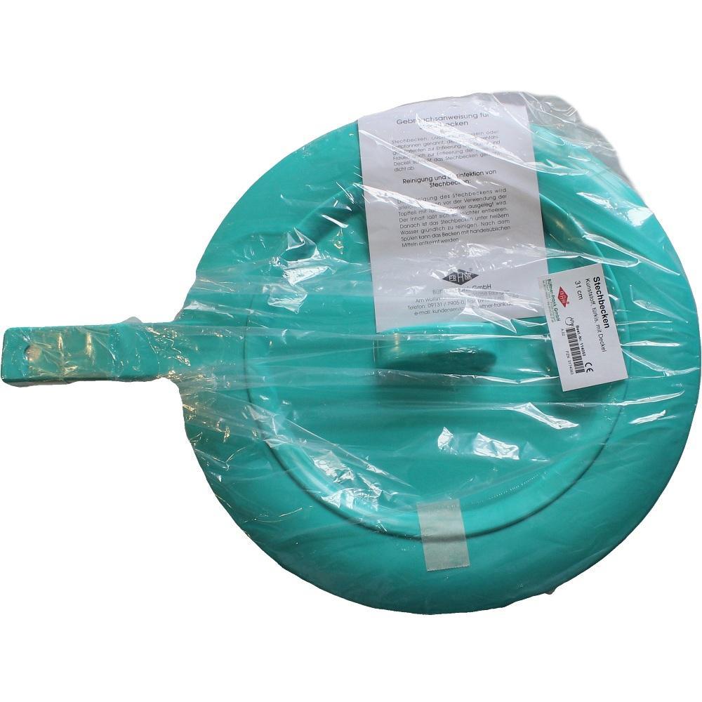 Ein türkisfarbener Schleifdeckel ist in durchsichtiger Plastikfolie verpackt.