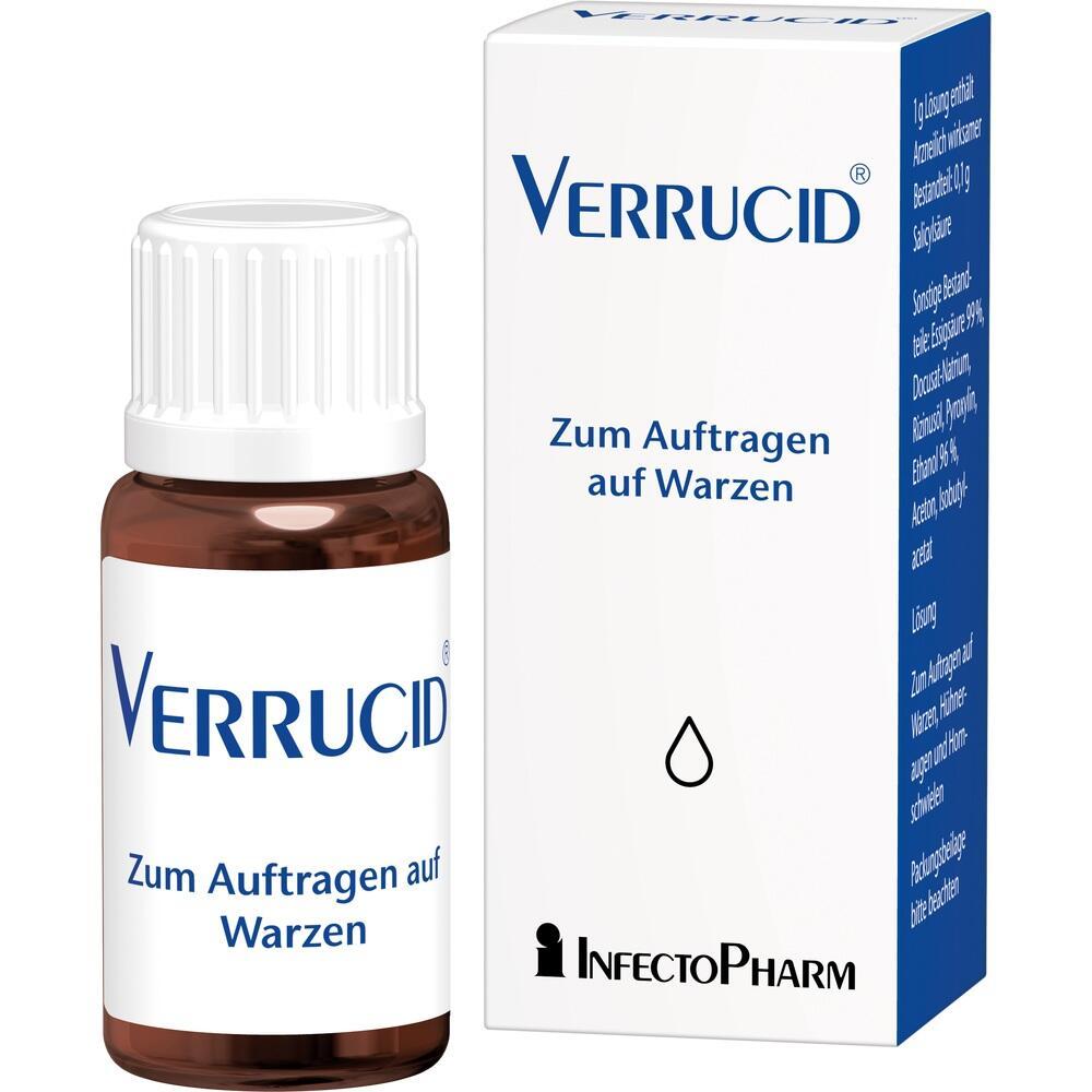 Braune Flasche und weiße Verpackung mit der Aufschrift "Zum Auftragen auf Warzen".