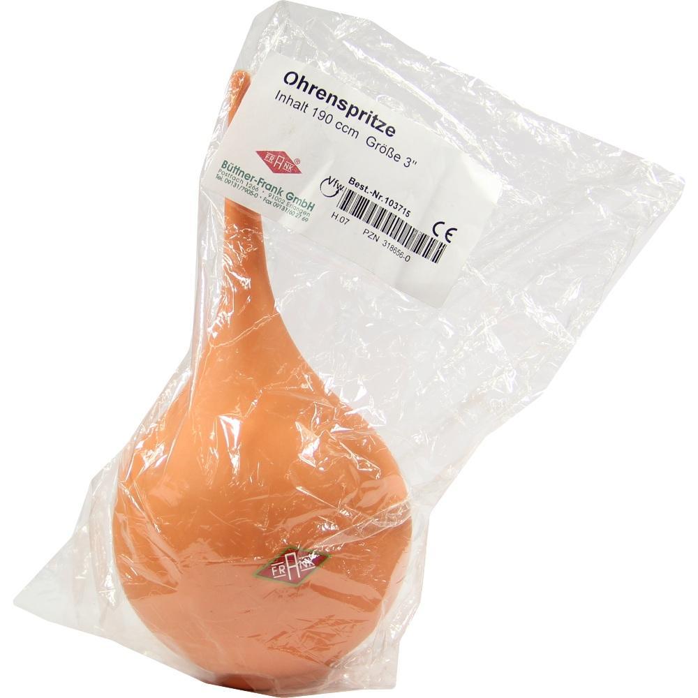 Eine Ohrenspritze in Plastikverpackung mit weißem Etikett.