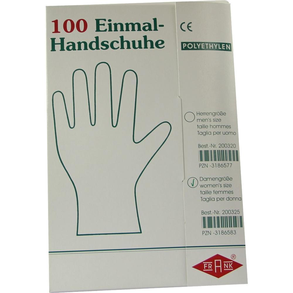 Packung mit 100 Einmal-Handschuhen aus Polyethylen in Damengröße.