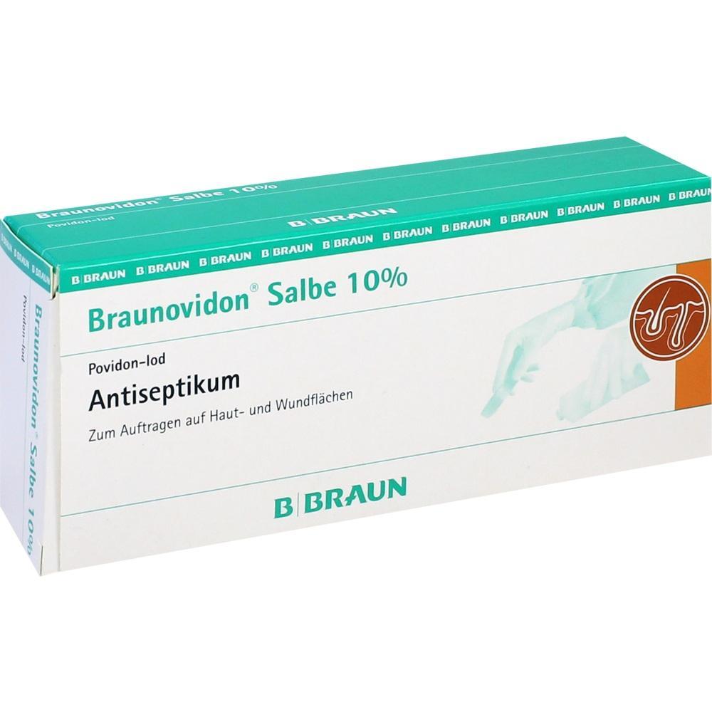 Verpackung einer antiseptischen Salbe namens Braunovidon 10% von B. Braun.