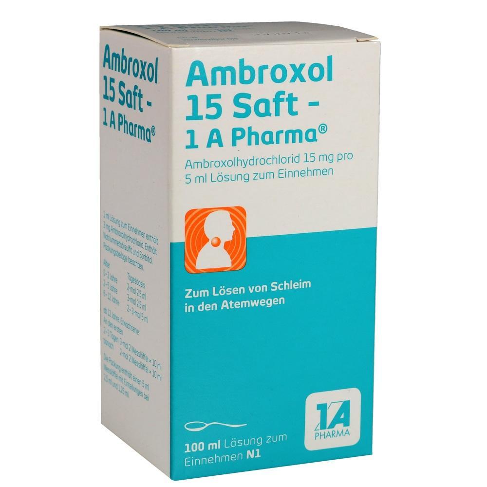 Medizinverpackung mit der Aufschrift "Ambroxol 15 Saft" zur Schleimlösung.