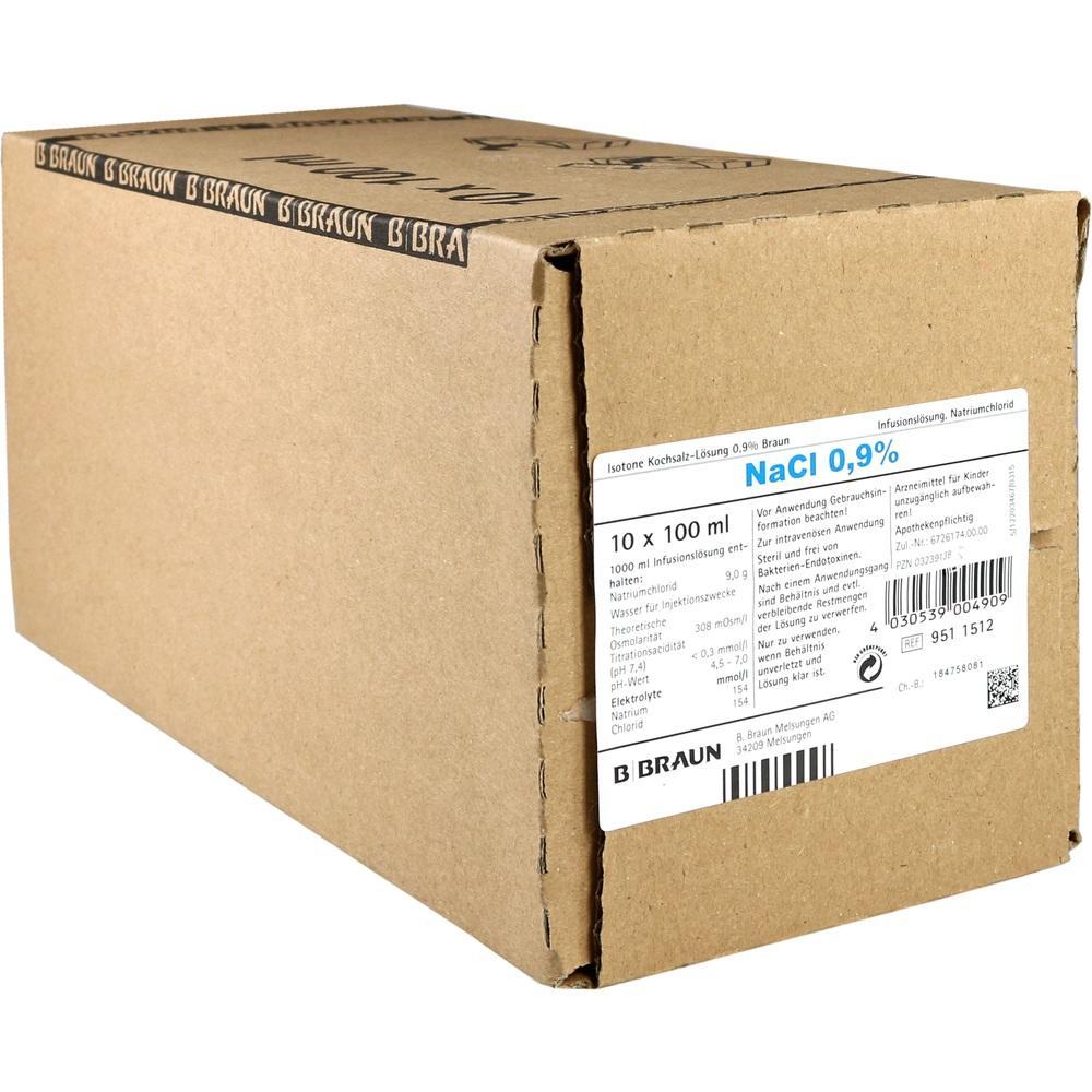 Brauner Karton mit einem wei&szlig;en Etikett f&uuml;r isotone Kochsalzl&ouml;sung.