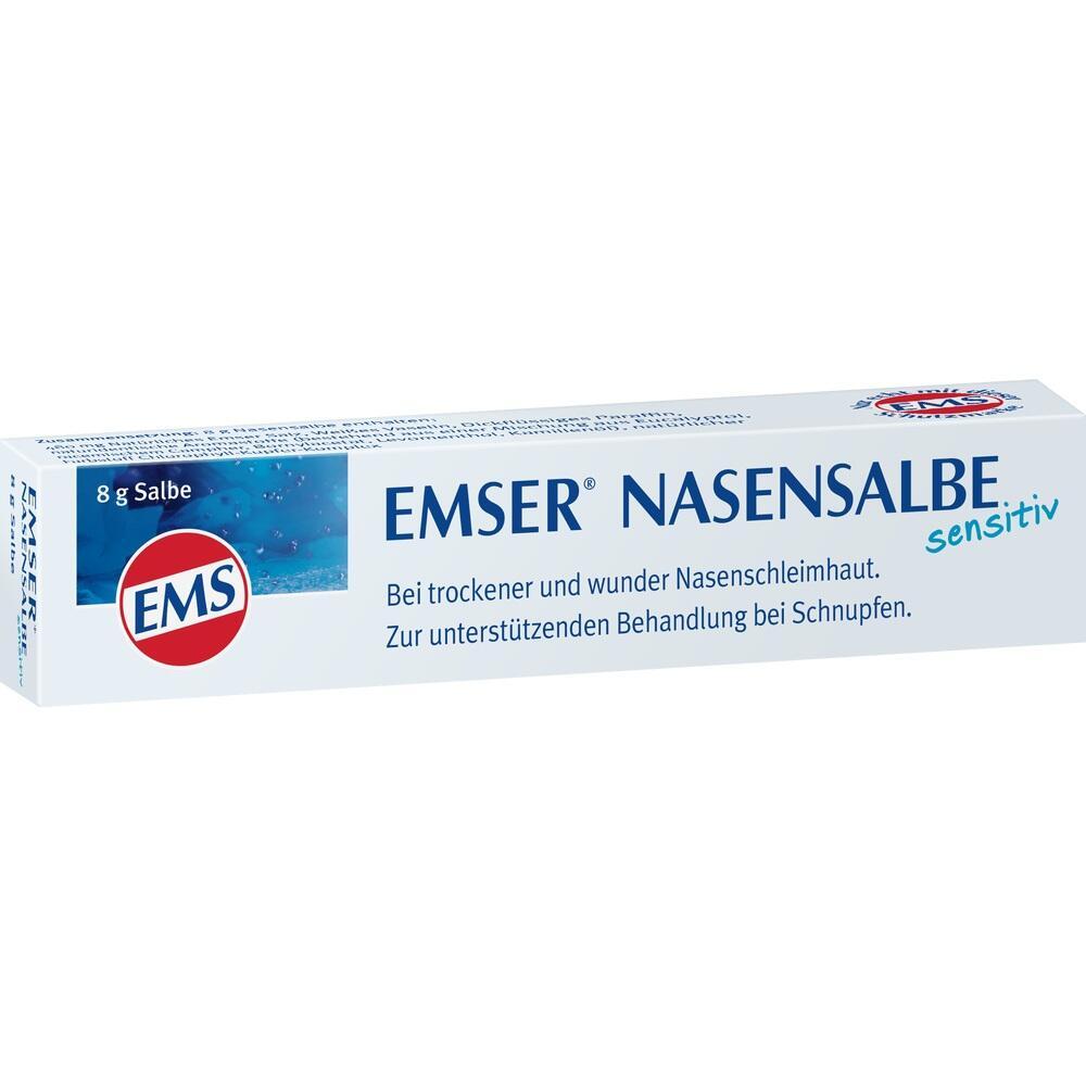 Eine wei&szlig;e Schachtel mit "Emser Nasensalbe sensitiv" steht auf einem Tisch.
