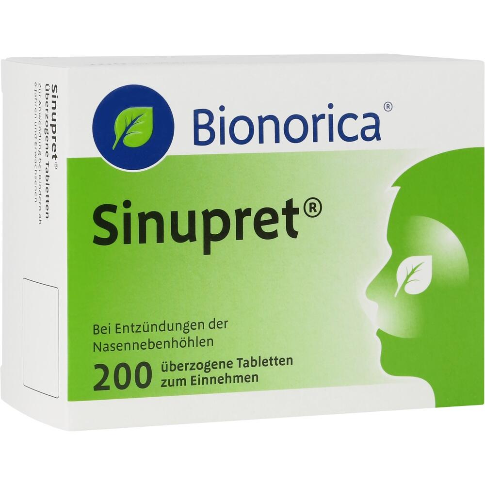 Eine grüne Medikamentenpackung von Sinupret mit 200 Tabletten.