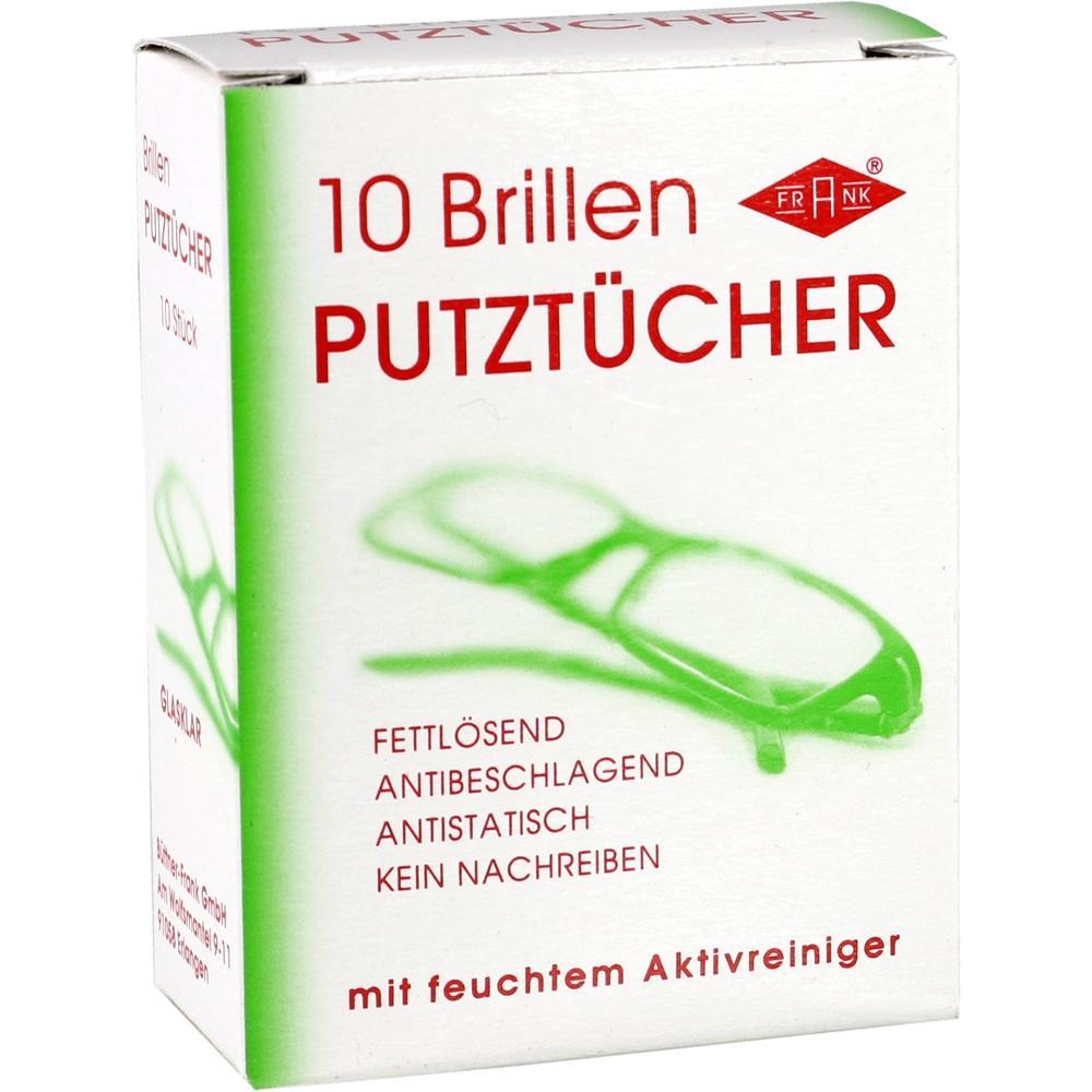 Weiße Verpackung mit rotem Text für Brillenputztücher.