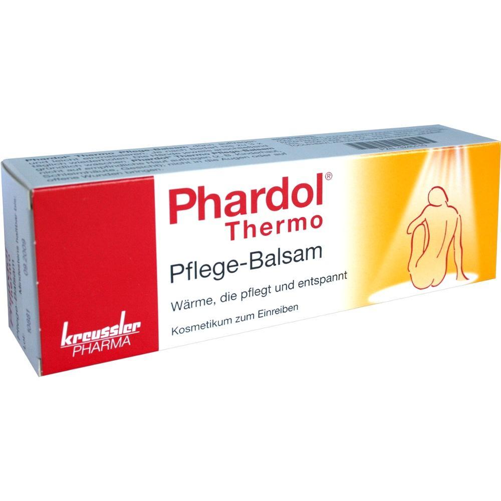 Eine Verpackung von "Phardol Thermo" Pflege-Balsam mit rotem und gelbem Design.