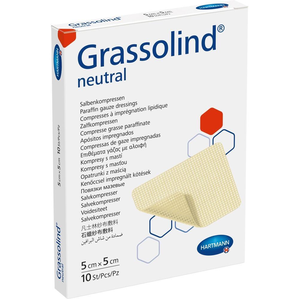 Verpackung von Grassolind Wundauflagen aus Parafin, 5 cm x 5 cm, 10 St&uuml;ck.