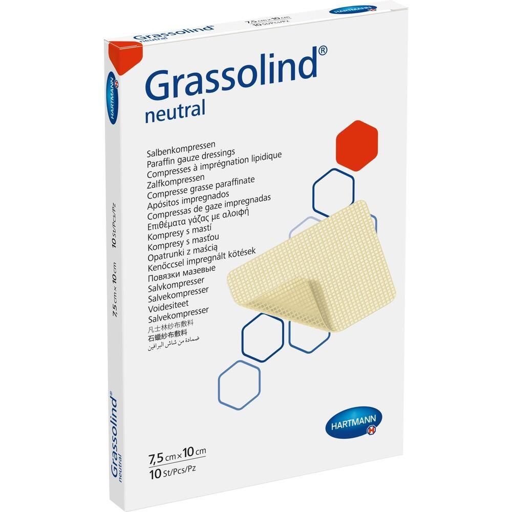 Eine wei&szlig;e Verpackung f&uuml;r Grassolind Salbenkompressen mit Text in mehreren Sprachen.