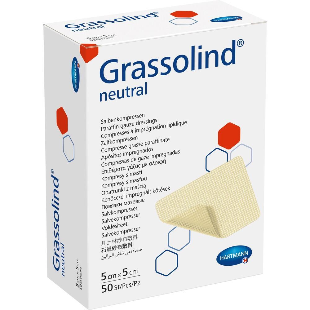 Eine Schachtel mit Salbenkompressen der Marke Grassolind von Hartmann.