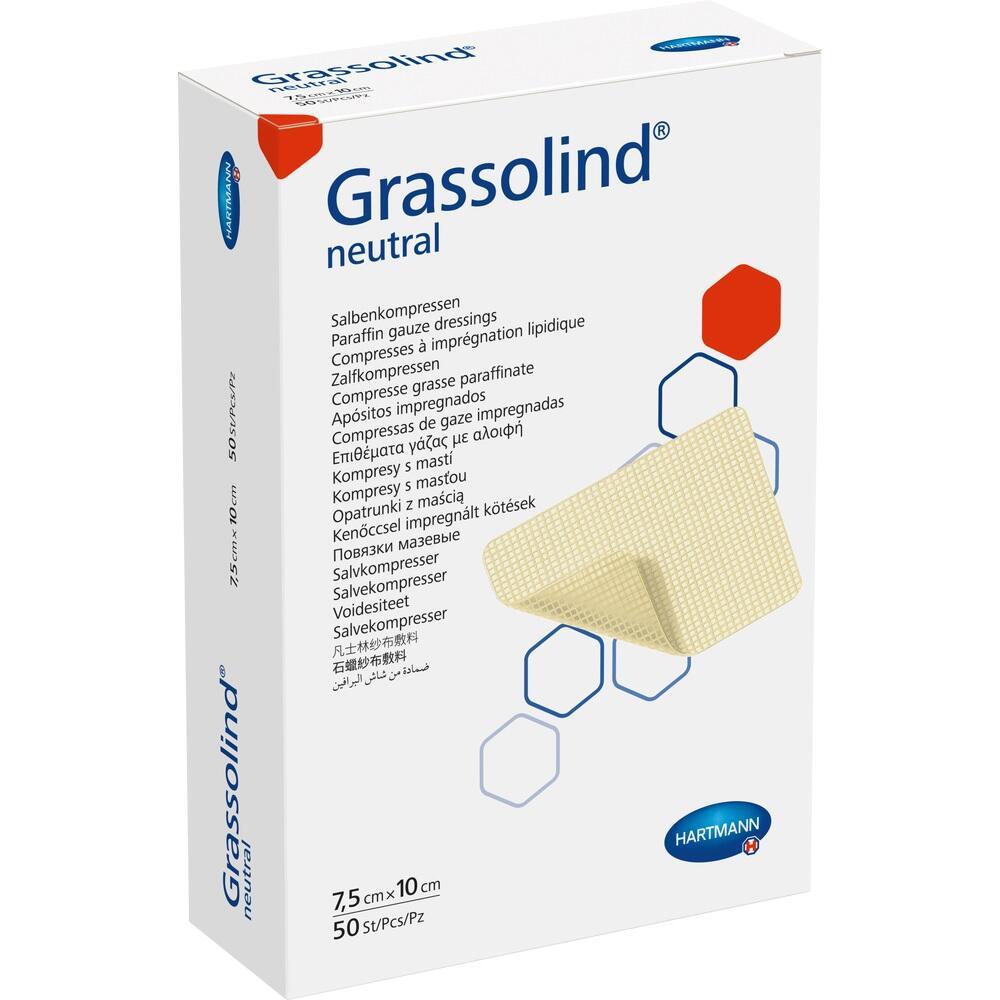 Eine wei&szlig;e Verpackung von Salbenkompressen mit dem Namen "Grassolind neutral".