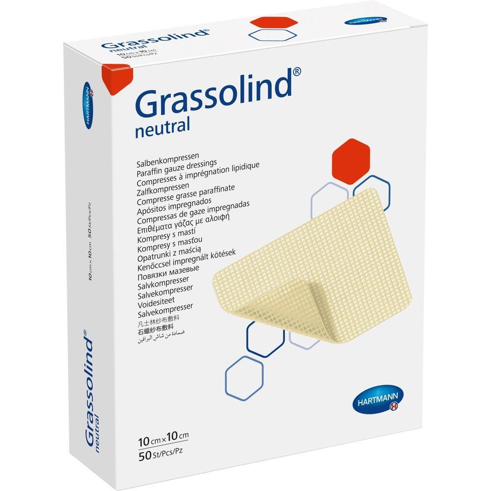 Eine Packung mit Wundkompressen namens Grassolind neutral.
