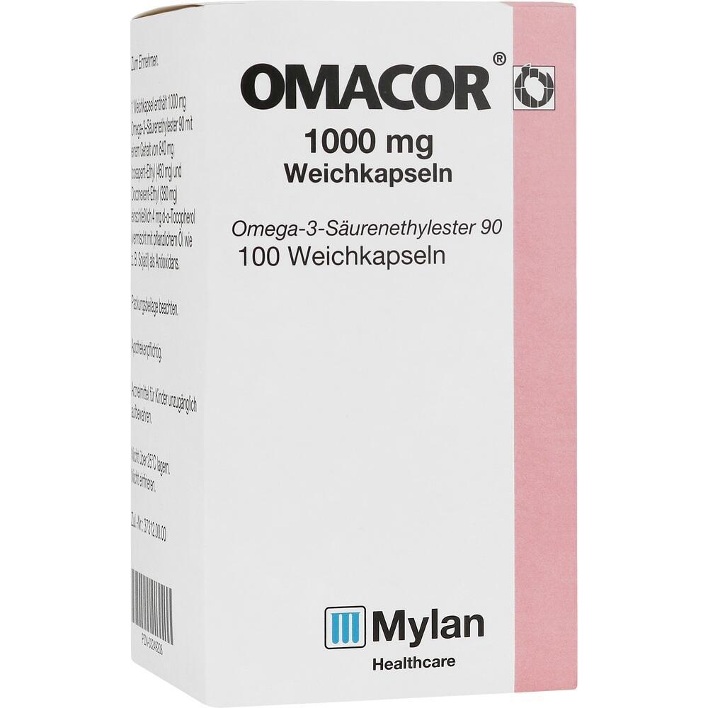 Weiße Medikamentenschachtel mit der Aufschrift "OMACOR 1000 mg Weichkapseln".