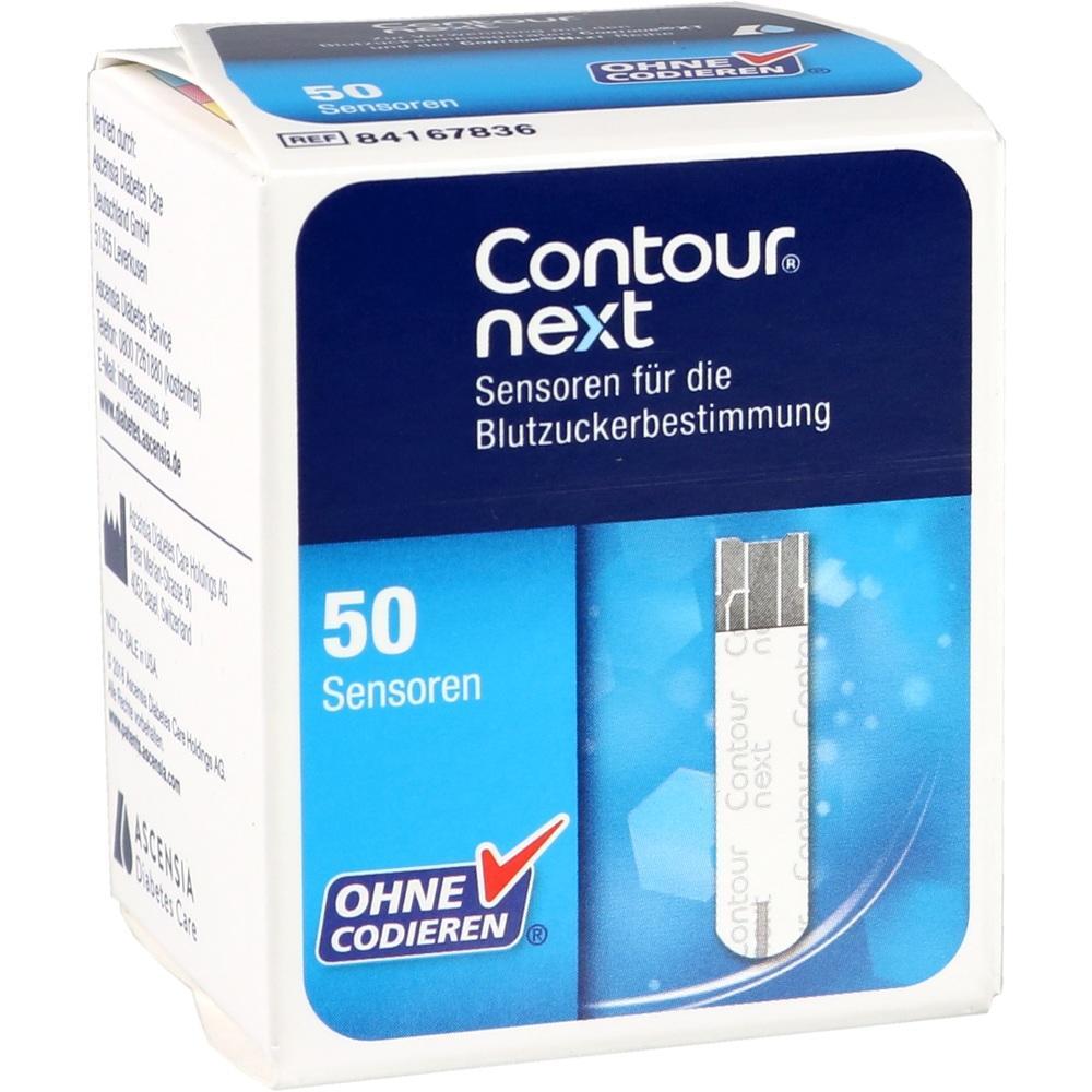 Eine Packung mit 50 Blutzuckerteststreifen von Contour Next.