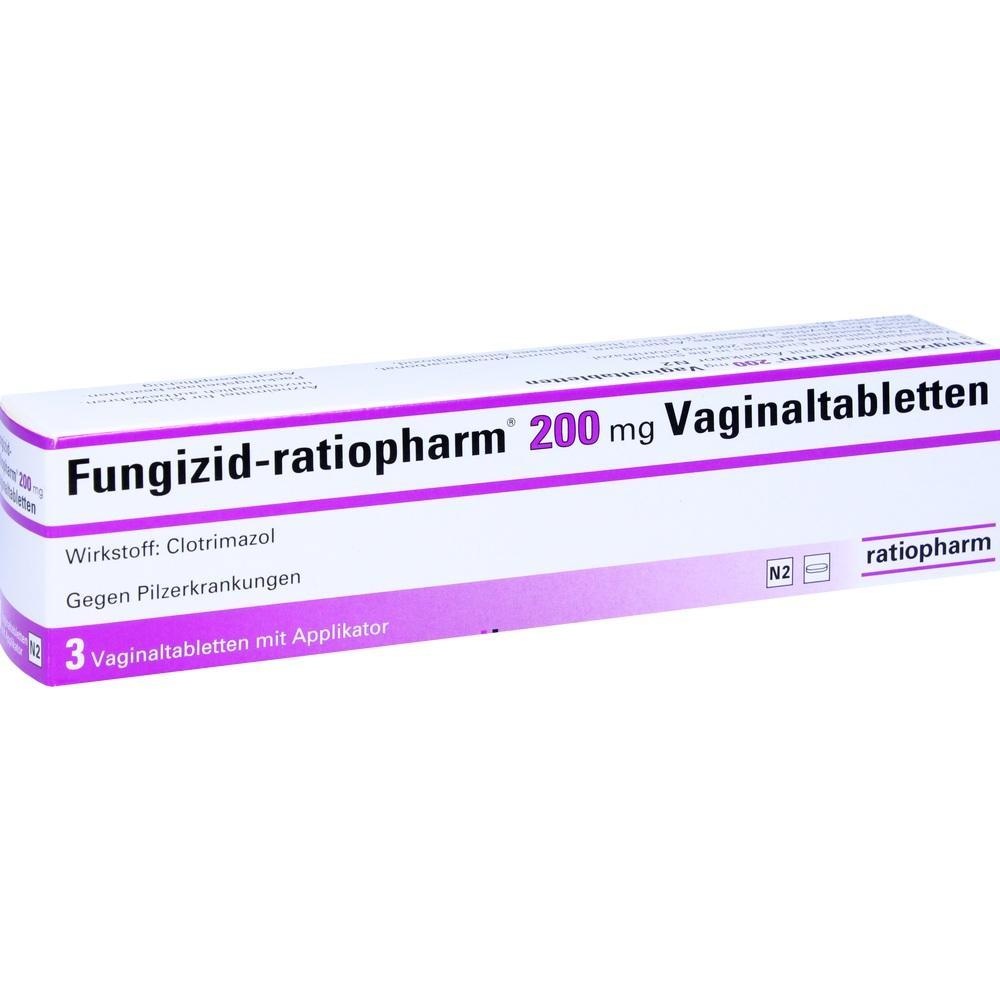 Packung mit Vaginaltabletten gegen Pilzinfektionen, enthält 200 mg Clotrimazol.