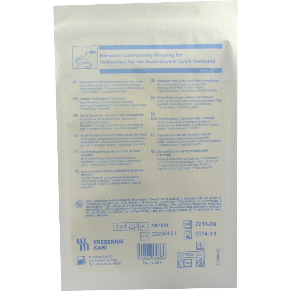 Die Verpackung zeigt ein Gastrotomie-Verbandset mit Anweisungen in mehreren Sprachen.