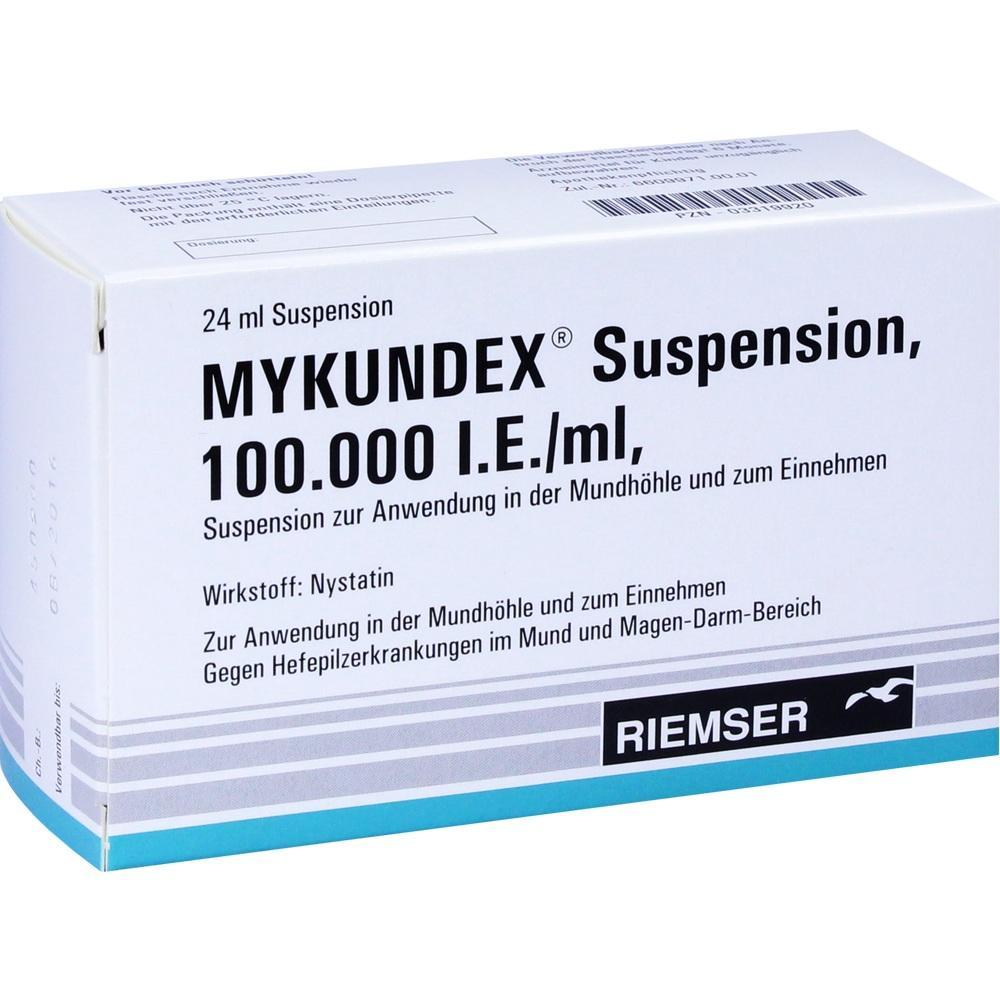 Eine Medikamentenbox mit der Aufschrift "MYKUNDEX Suspension".