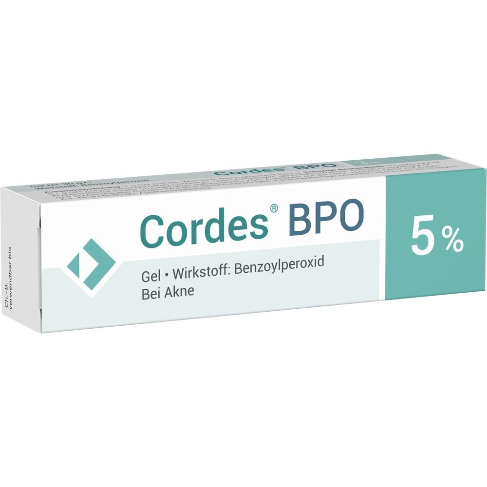 Weiße Schachtel mit Akne-Gel, Cordes BPO 5%, Benzoylperoxid.