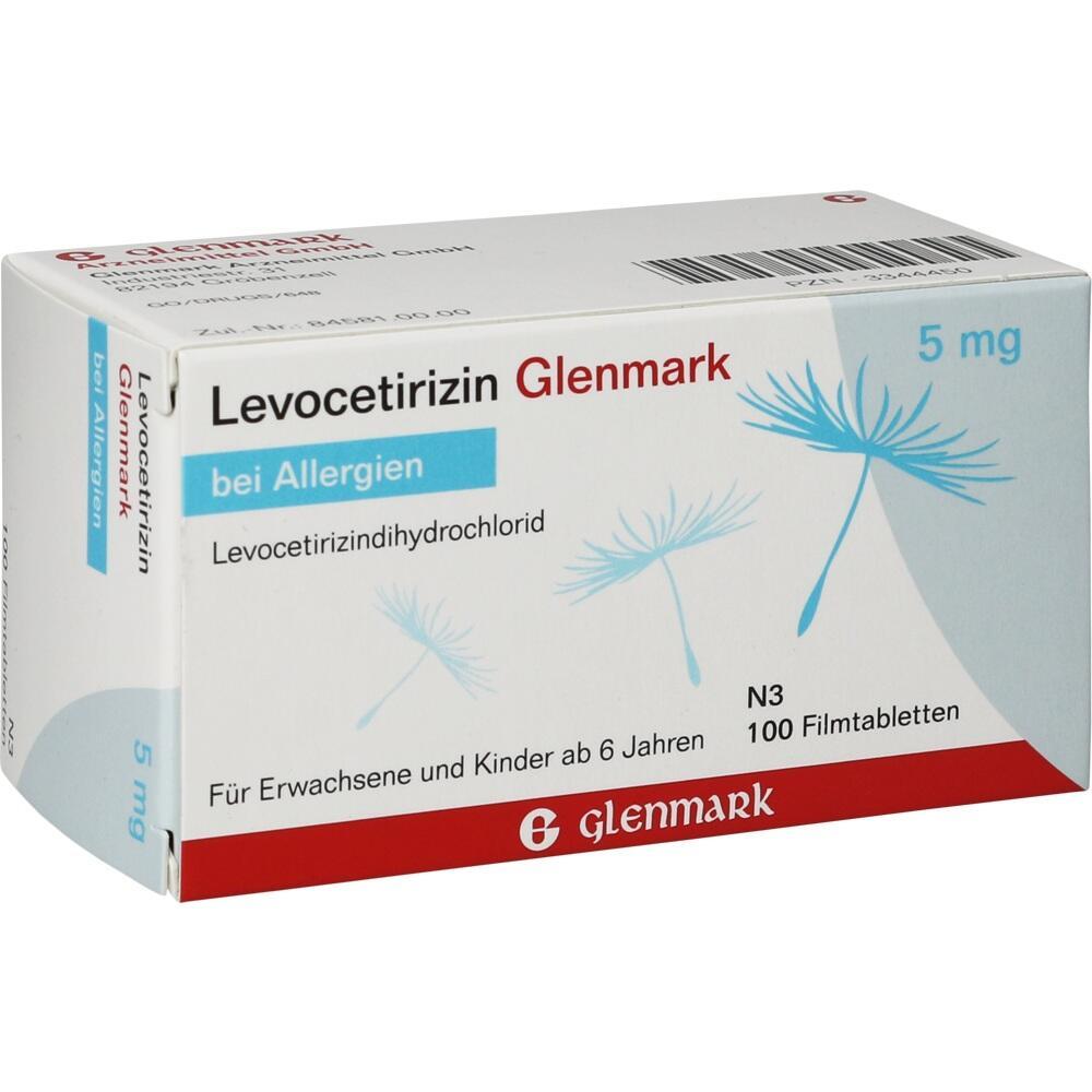 Verpackung von Levocetirizin Glenmark, einem Allergiemedikament für Erwachsene und Kinder ab 6 Jahren.