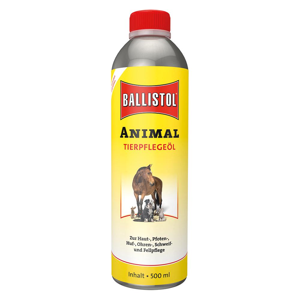 Gelbe Flasche mit Tierpflegeöl für Haut und Fell, mit Bild von Tieren.