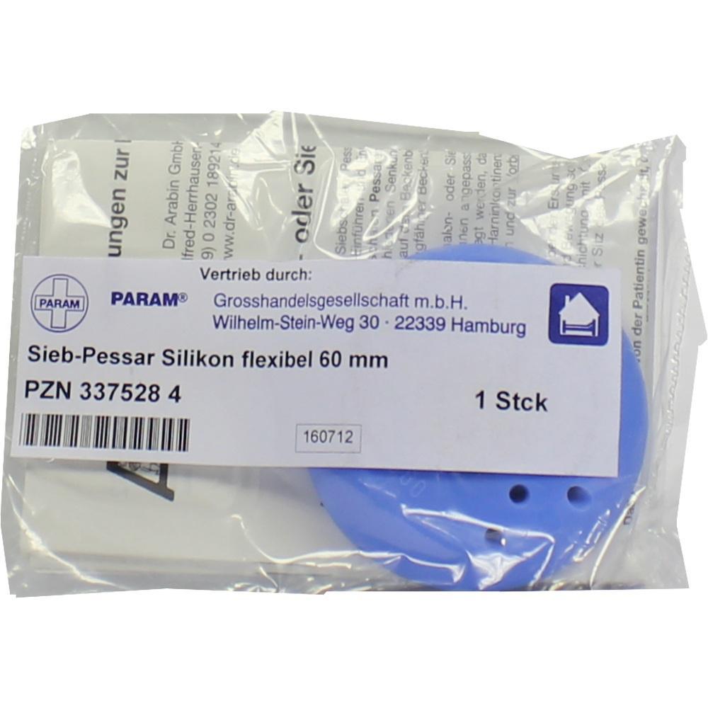 Verpackung mit einem blauen, flexiblen Silikon-Sieb-Pessar.