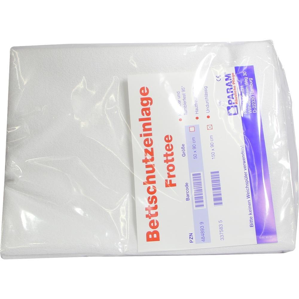 Weiße Bettschutzauflage aus Frottee in einer durchsichtigen Plastikverpackung.