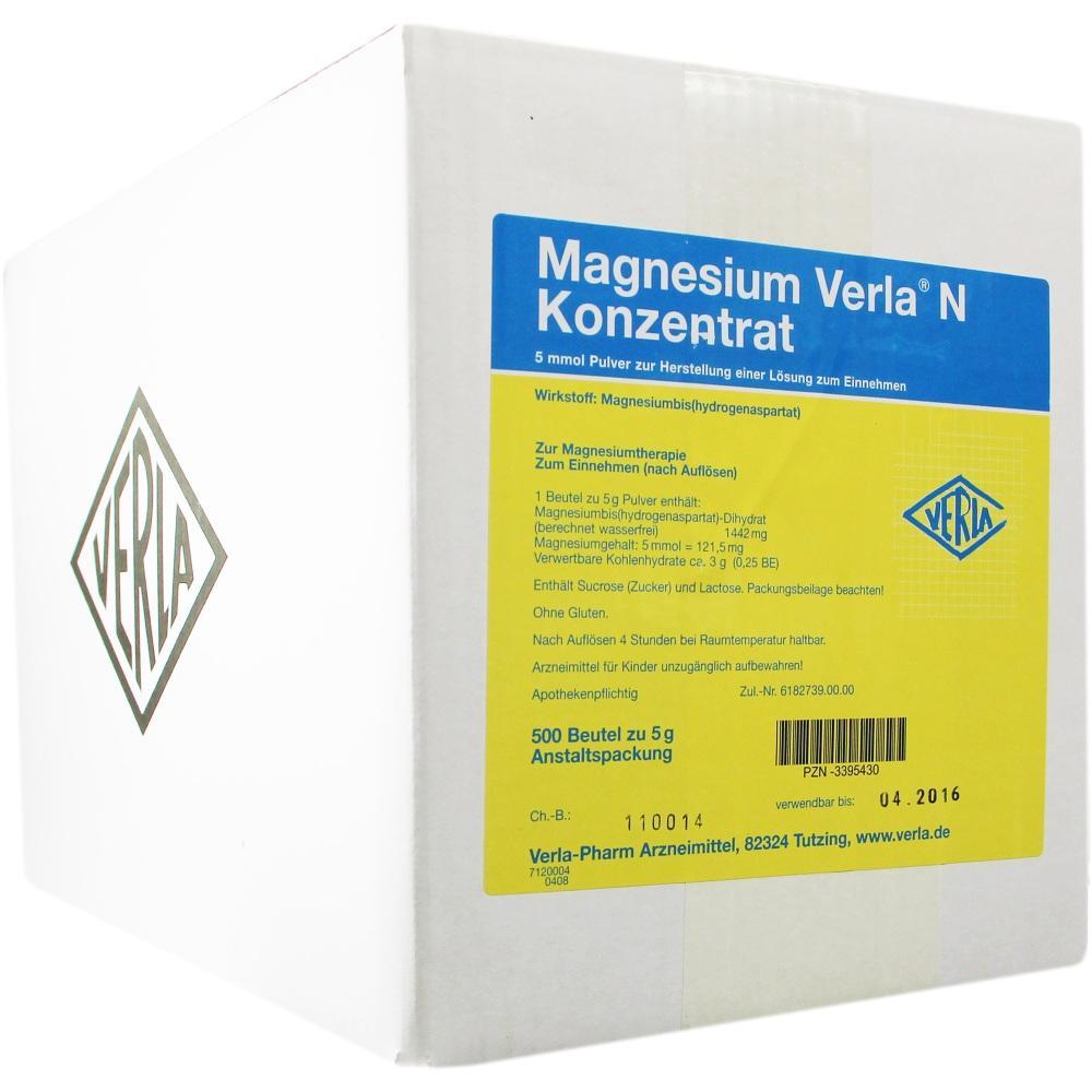 Wei&szlig;e Packung mit blauem Etikett f&uuml;r Magnesium-Verla-Pulver.