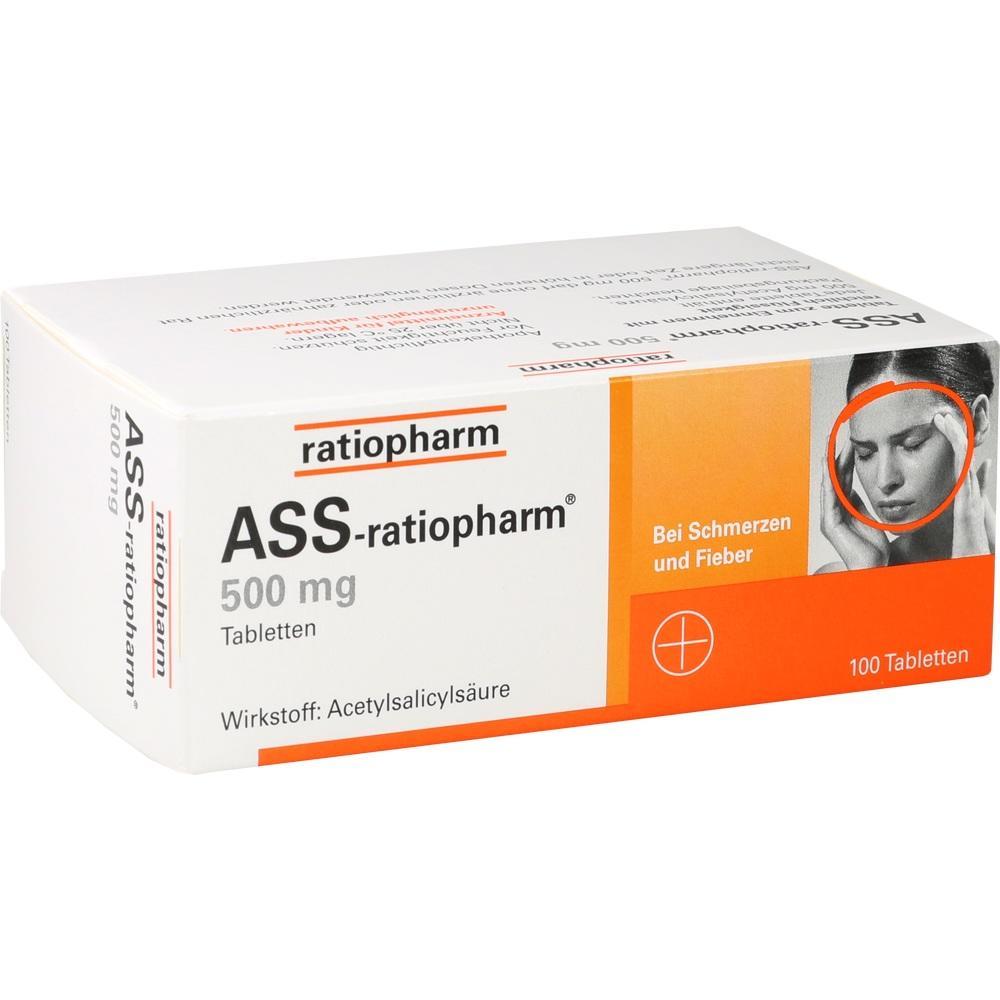 Weiße Medikamentenpackung von ASS-ratiopharm gegen Schmerzen und Fieber.