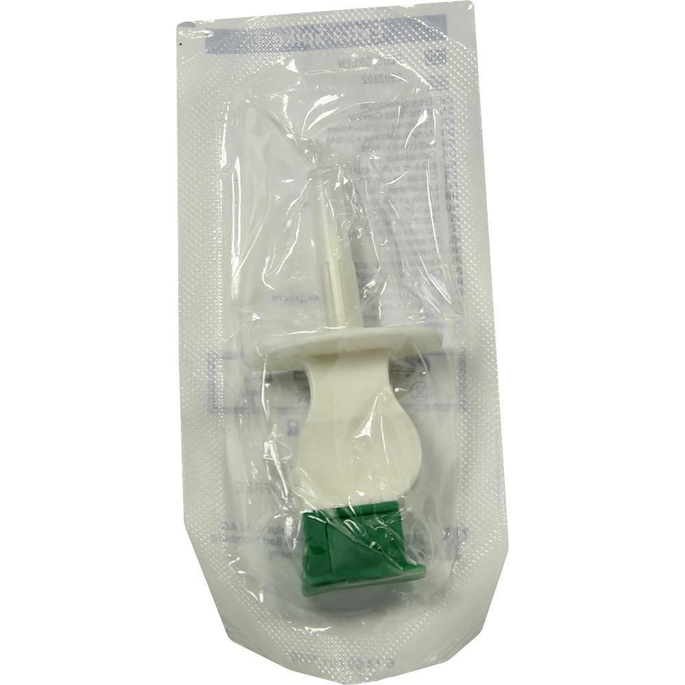 Ein wei&szlig;es Plastikger&auml;t mit gr&uuml;nem Ende in einer durchsichtigen Verpackung.