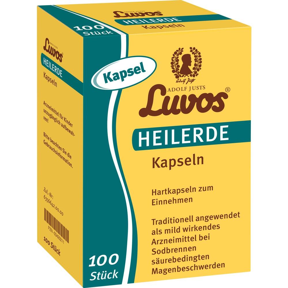 Gelbe Packung mit Luvos Heilerde-Kapseln, 100 Stück.