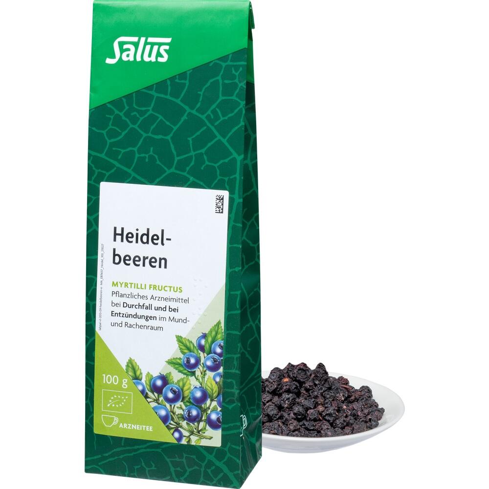Eine gr&uuml;ne Packung Heidelbeeren-Tee neben einer Schale mit getrockneten Beeren.