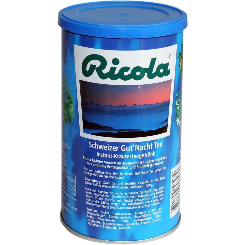 Blaue Dose von Ricola mit "Schweizer Gut' Nacht Tee" Aufschrift und Landschaftsbild.