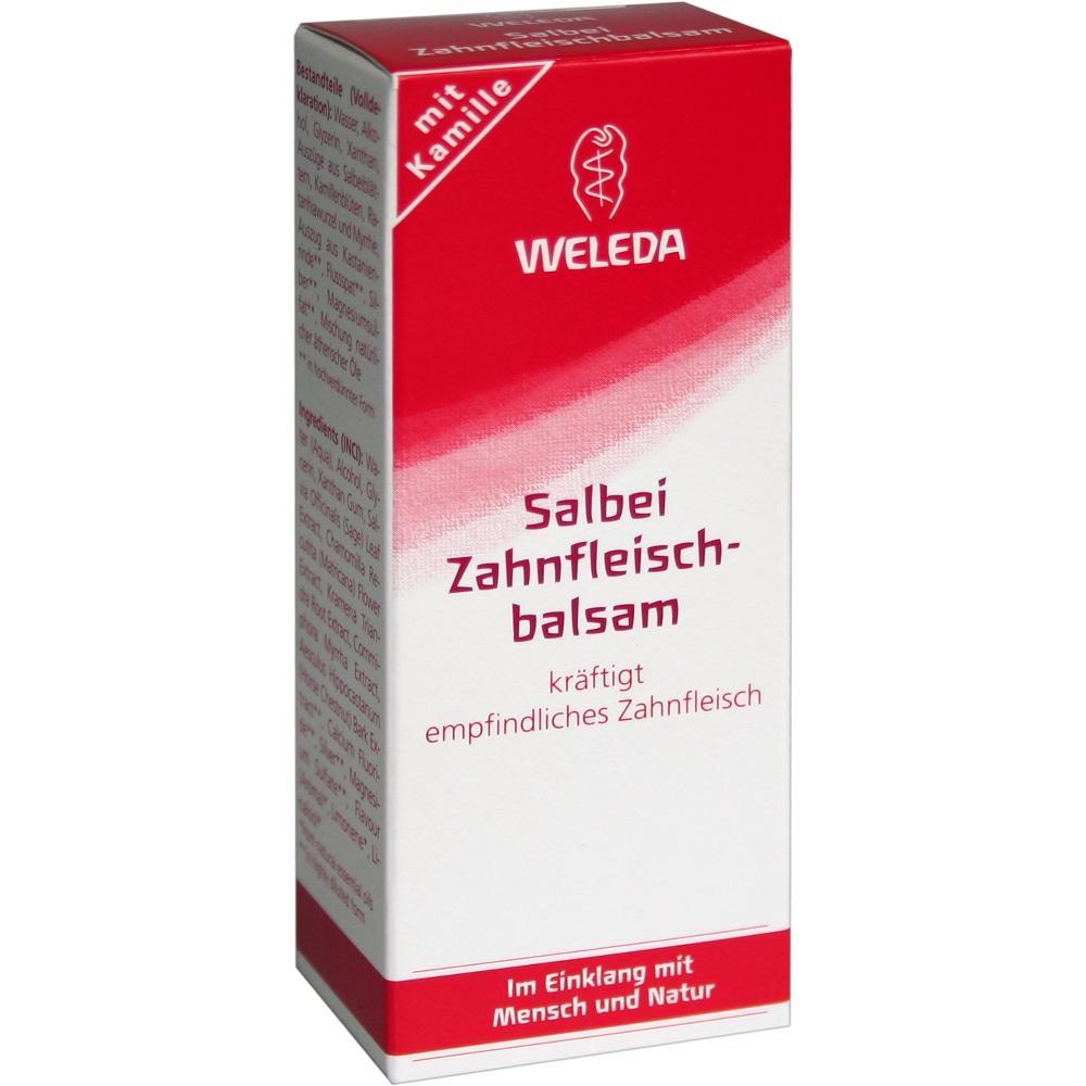 Rote und weiße Schachtel mit der Aufschrift "Salbei Zahnfleischbalsam".