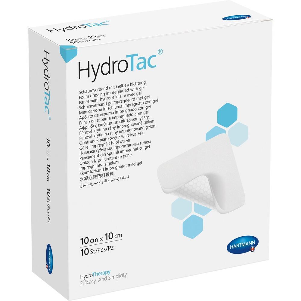 Wei&szlig;e Verpackung mit der Aufschrift "HydroTac", mit einem Wundverband abgebildet.
