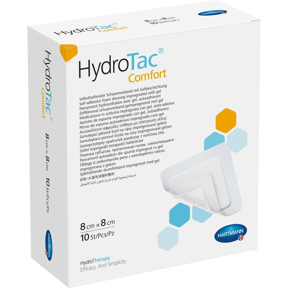 Verpackung eines selbstklebenden Schaumverbands mit Gel der Marke HydroTac Comfort.