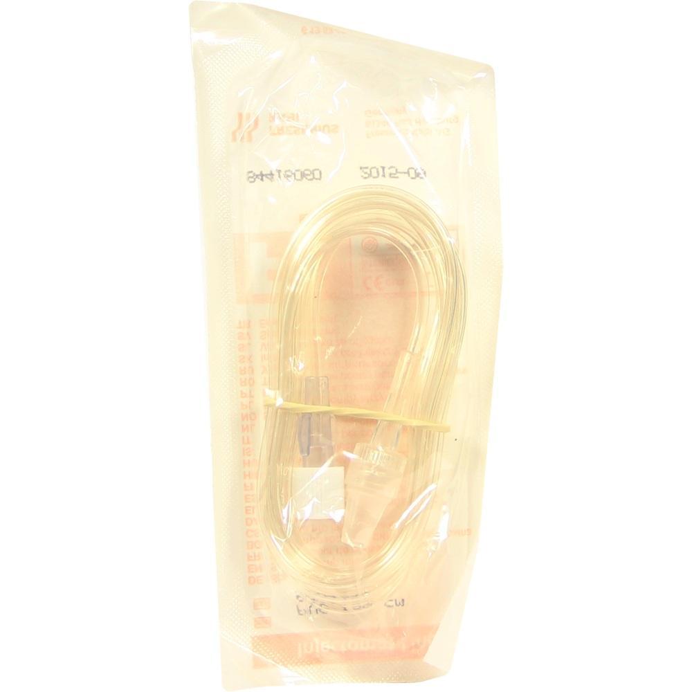 Ein gebogenes, durchsichtiges medizinisches Schlauchset in einer Plastikverpackung.