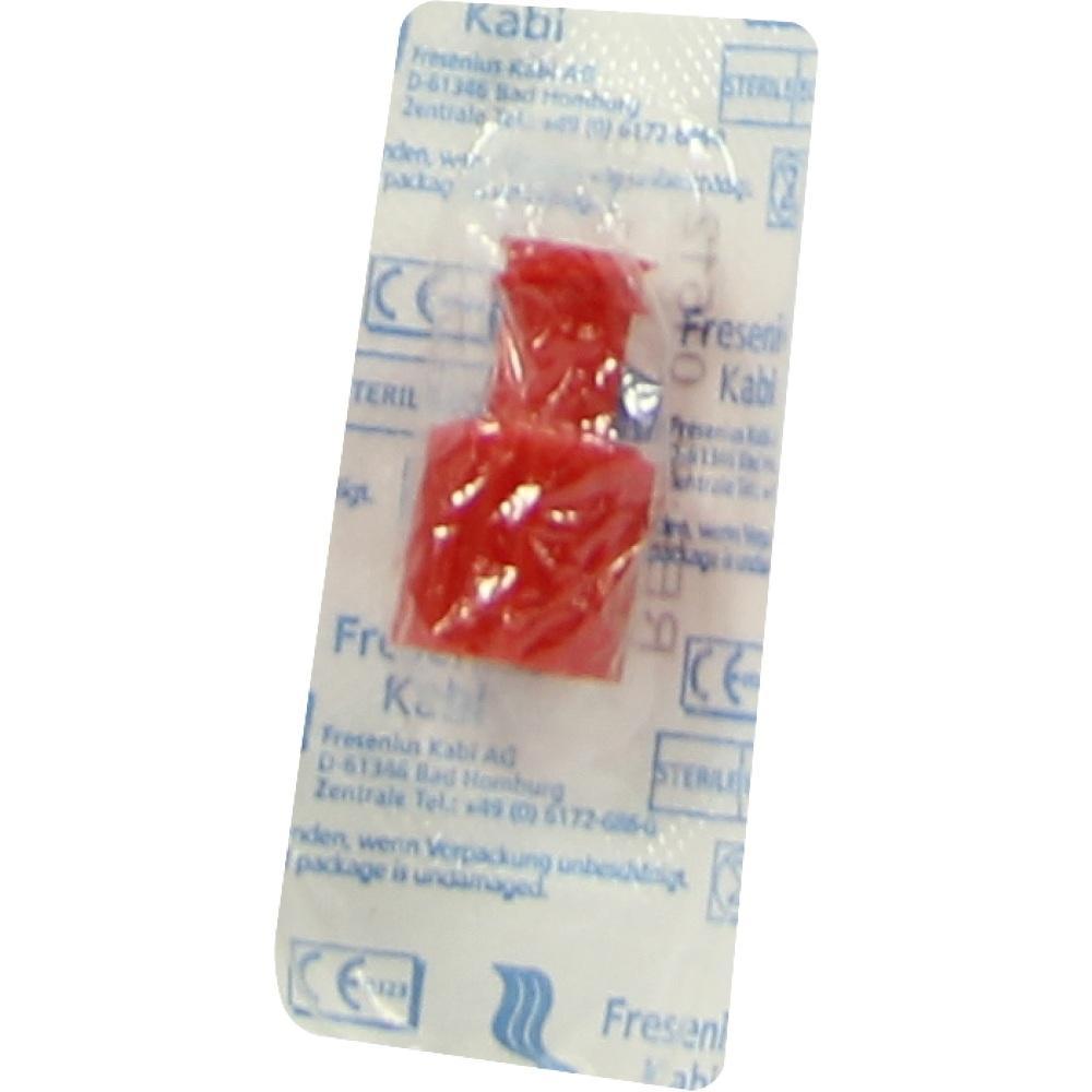 Eine kleine, rote, verpackte medizinische Kappe auf wei&szlig;em Hintergrund.