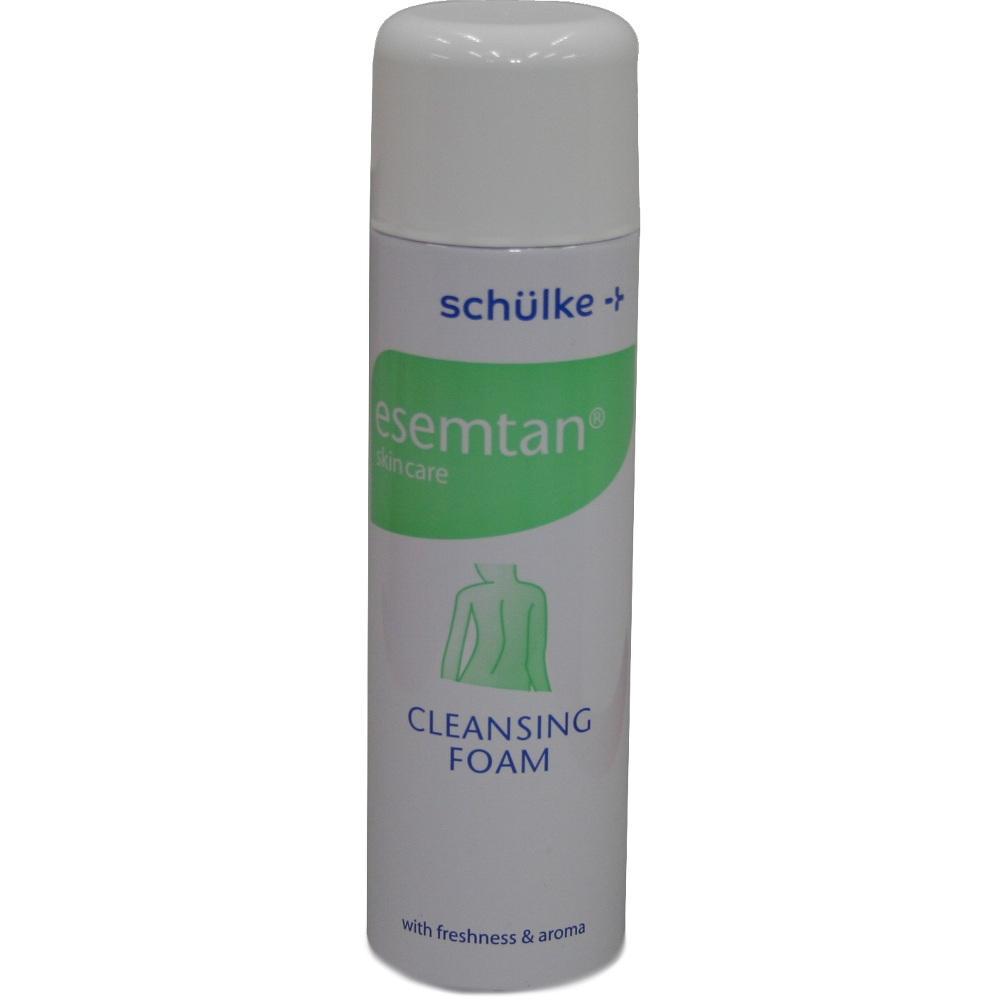 Wei&szlig;e Spraydose mit gr&uuml;nem Etikett und der Aufschrift "Cleansing Foam".