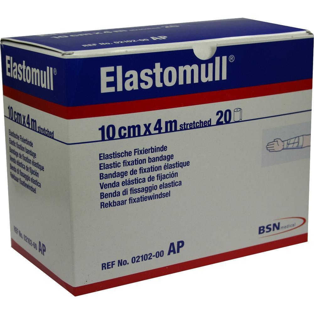 Eine Packung elastischer Fixierbinden namens Elastomull, 10 cm x 4 m.