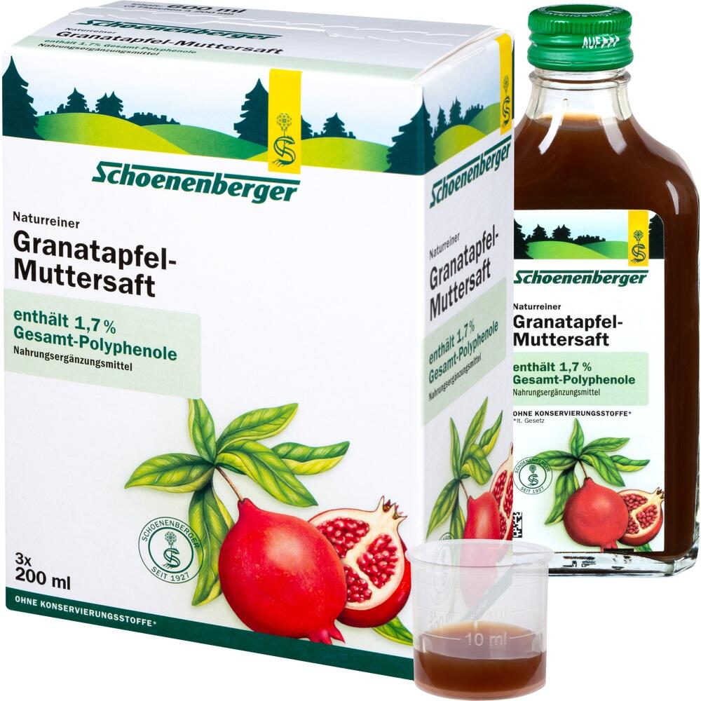 Eine Packung und eine Flasche mit Granatapfelsaft sind zu sehen.
