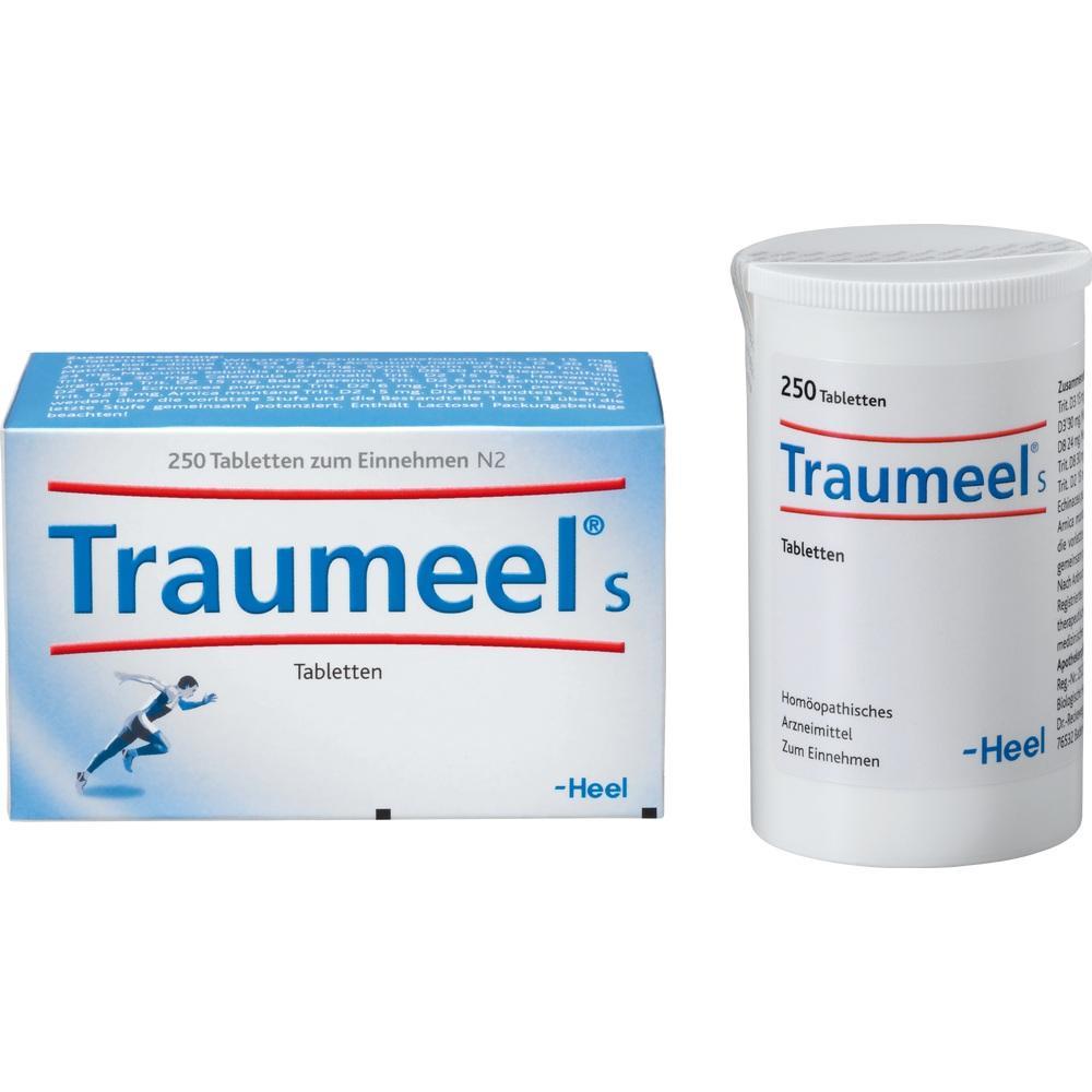 Eine Packung und ein Behälter mit Tabletten namens "Traumeel S".