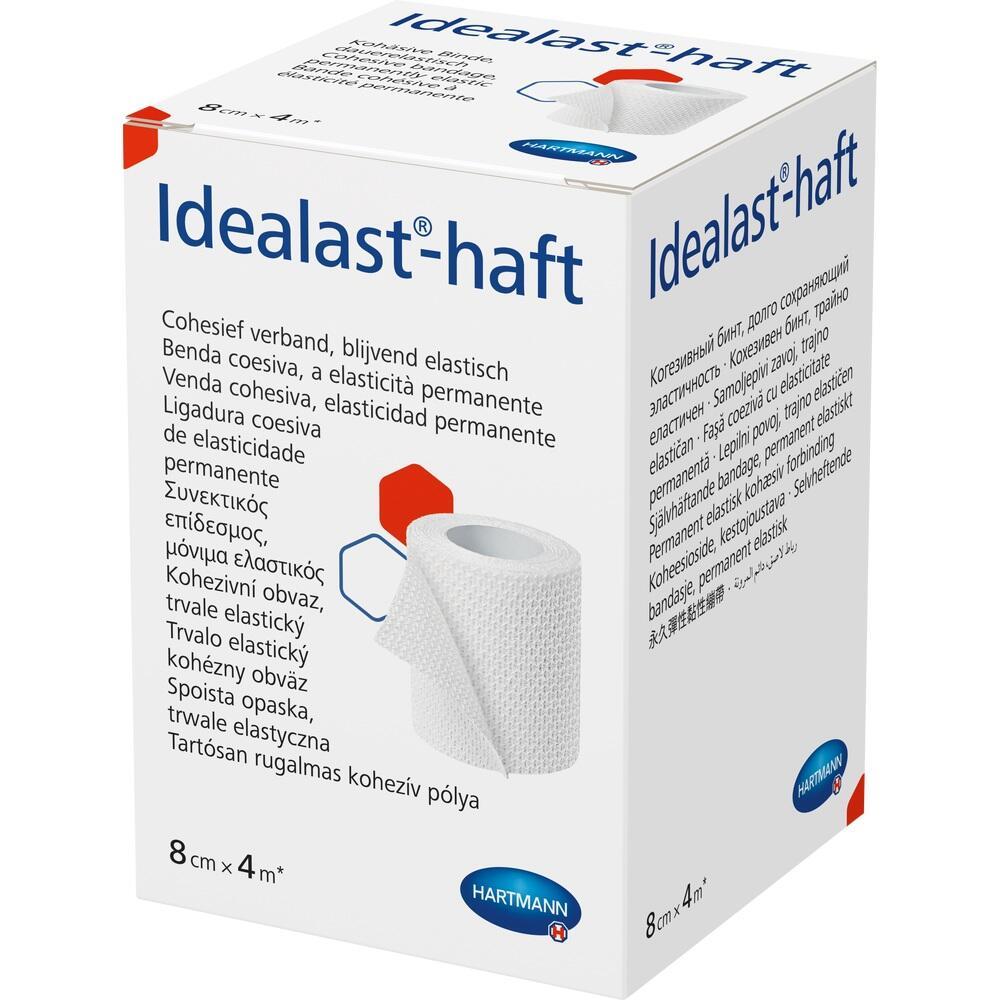 Wei&szlig;e Verpackung mit einer elastischen Binde darauf abgebildet, Marke "Idealast-haft".