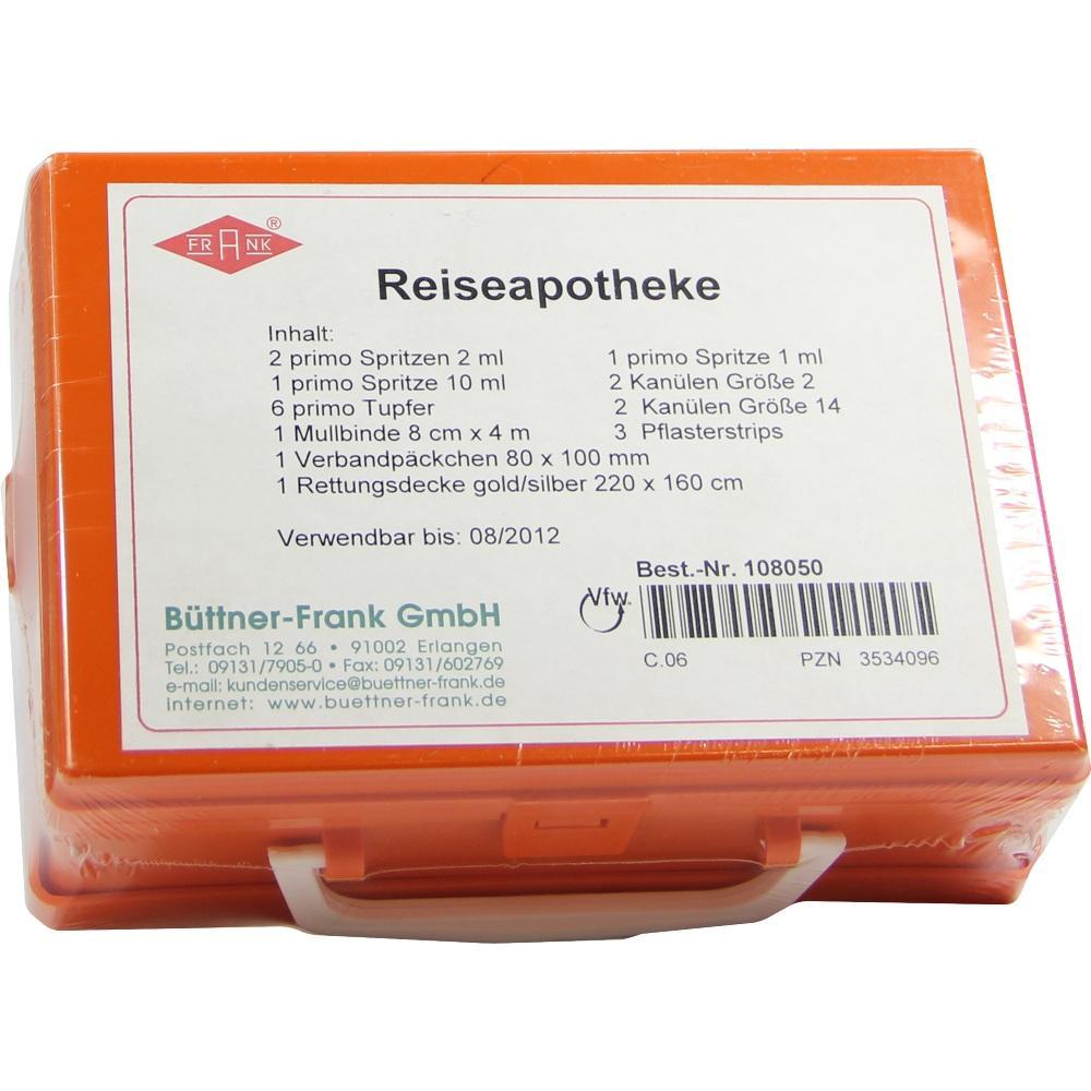 Orange Reiseapotheke-Kasten mit Inhaltsangabe auf dem Etikett.