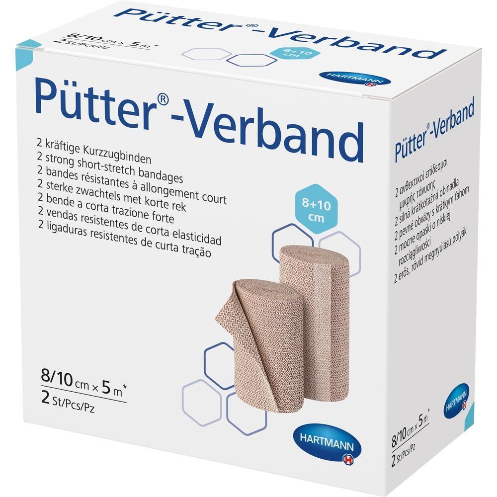 Verpackung von elastischen Verb&auml;nden mit der Aufschrift "P&uuml;tter-Verband" und Bild von zwei Verb&auml;nden.