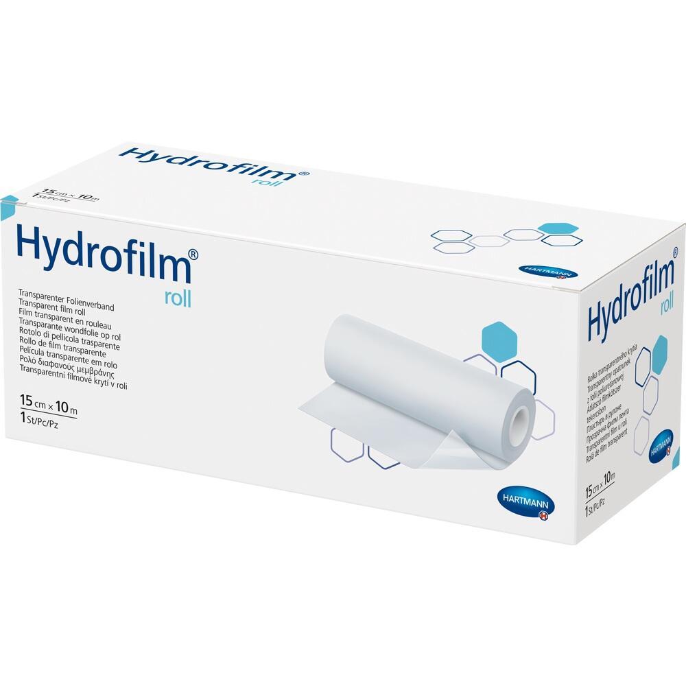 Eine Verpackung mit einer Rolle transparentem Folienverband namens Hydrofilm.