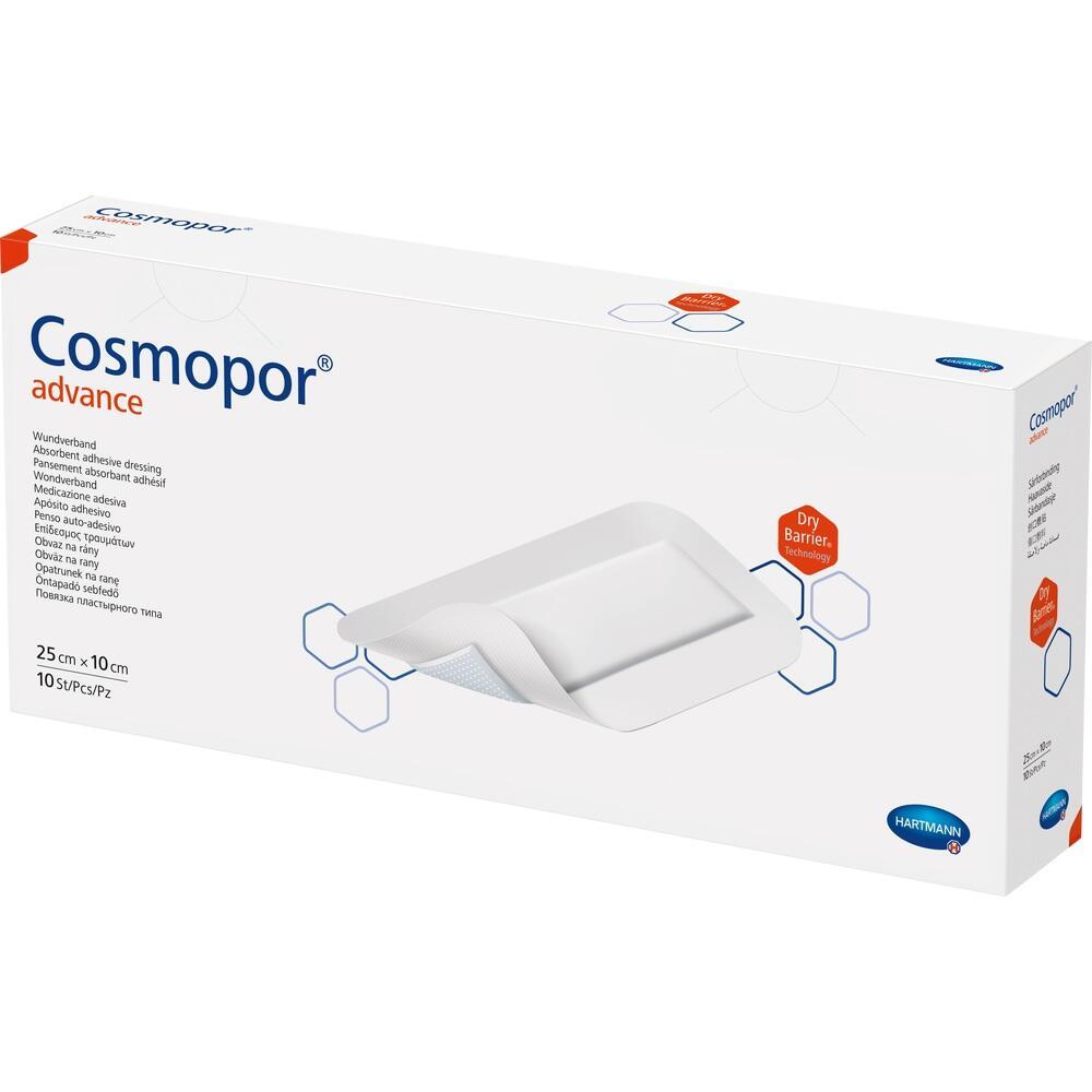Wei&szlig;e Verpackung mit der Aufschrift "Cosmopor advance", zeigt eine Wundauflage.