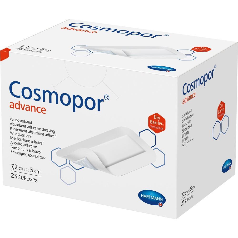 Wei&szlig;e Verpackung mit dem Aufdruck "Cosmopor advance" und einem Bild von einem Wundverband.