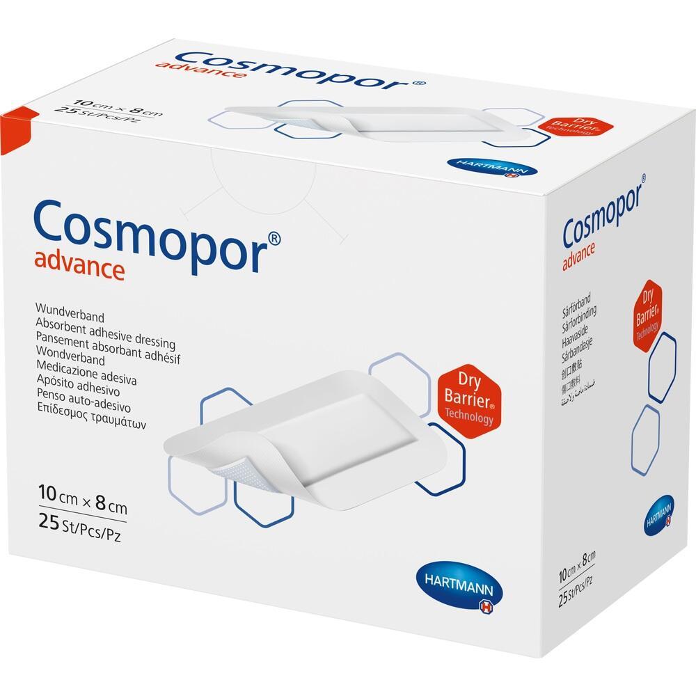 Wei&szlig;e Verpackung mit Aufdruck "Cosmopor advance" und Bild eines Wundverbandes.