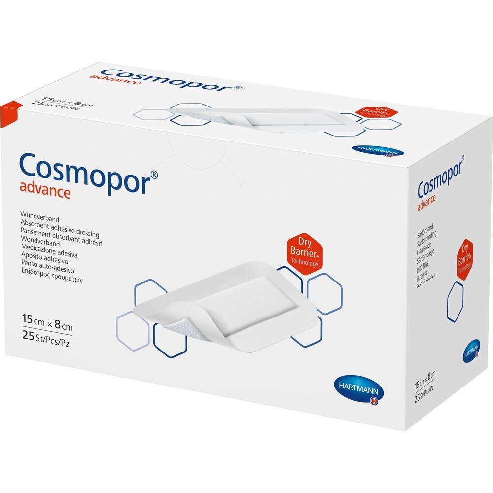 Eine wei&szlig;e Schachtel mit Verbandsmaterial namens "Cosmopor advance".